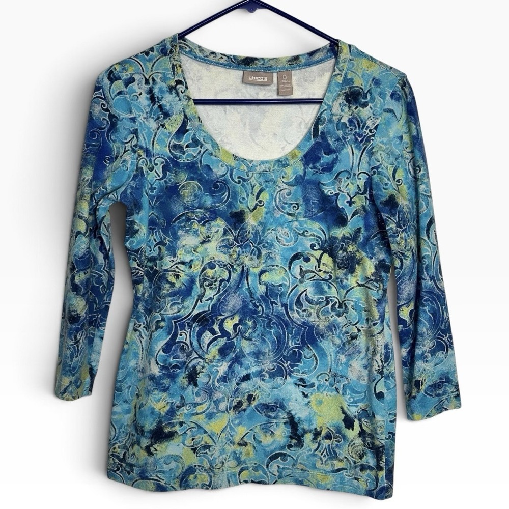 Chico's Womens Size 0 4/6 Top Blue Green Paisley Scroll 3/4 Sleeve Stretch